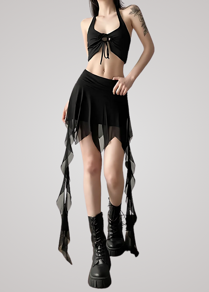 Gothanic Mesh Irregular Hem Skirt - GB005
