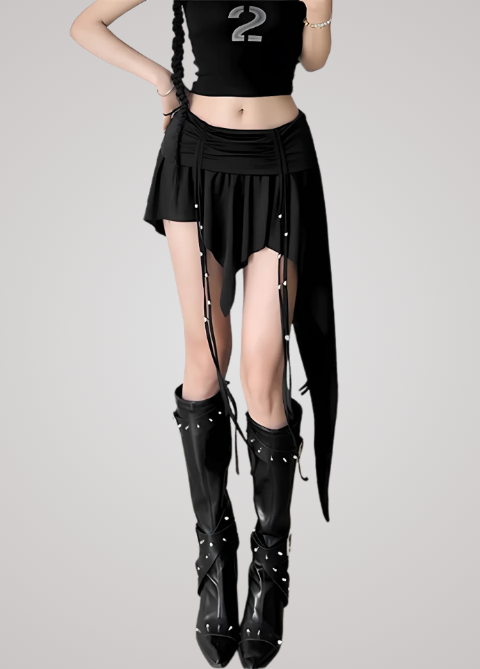 Gothanic Dropped Waist Drawstring Mini Skirt - GB011