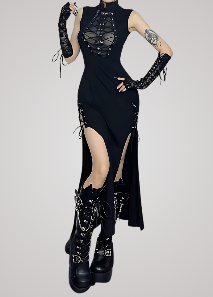 Gothanic Sheer Patchwork Maxi Dress - GD010