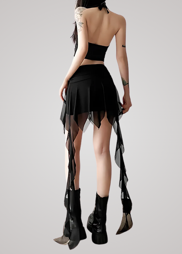 Gothanic Mesh Irregular Hem Skirt - GB005